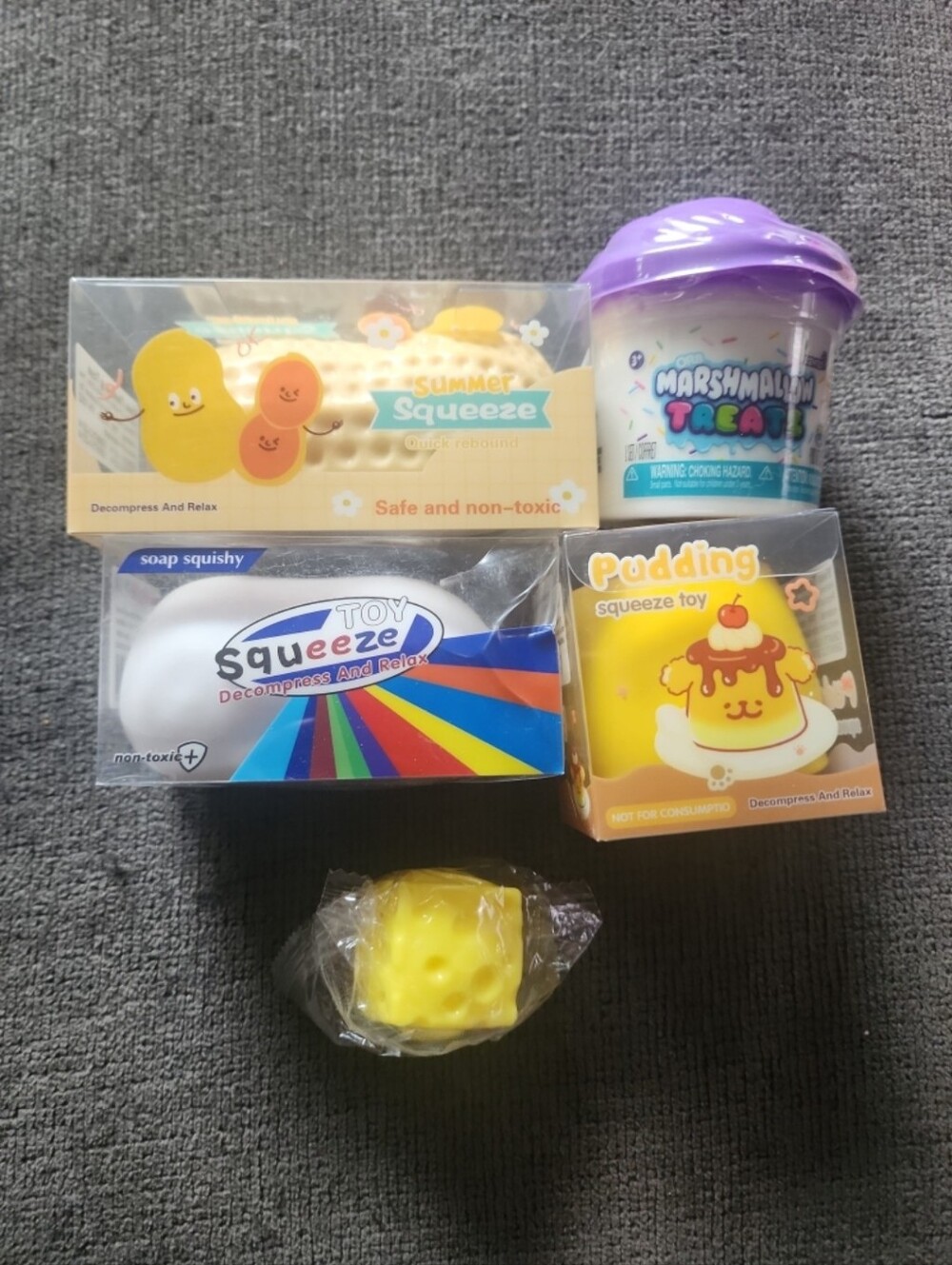 Assorted Kids Squeeze Toys - Yellow & Purple, Marshmallow Treat & Pudding Toy